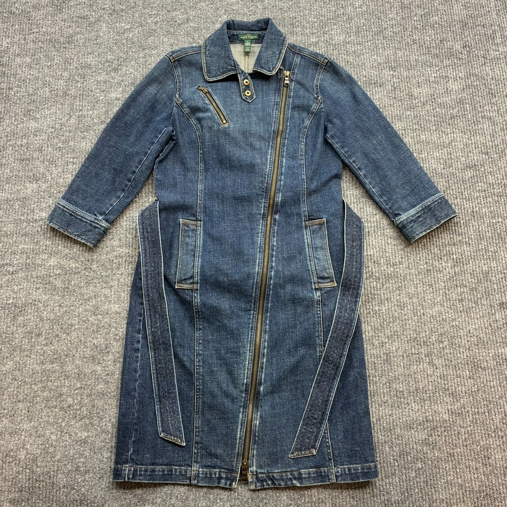 Lauren Jeans Co Ralph Lauren Denim Trench Coat Womens 8 Blue Belted Stretch